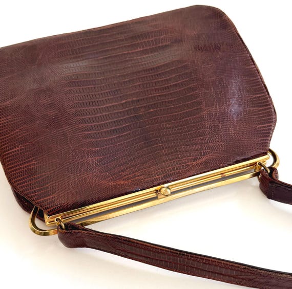 Chocolate Brown Lizard Bag Purse Mid Century Vintage 50's Bellstone Reptile Skin Gold Tone Frame