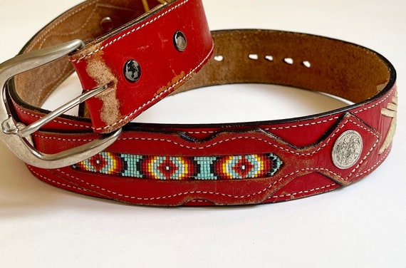 Red Leather Western Belt Vintage Southwest Native American Glass Beadwork Small Silver Concho Detail Beige Rawhide Stitching Worn Rugged
