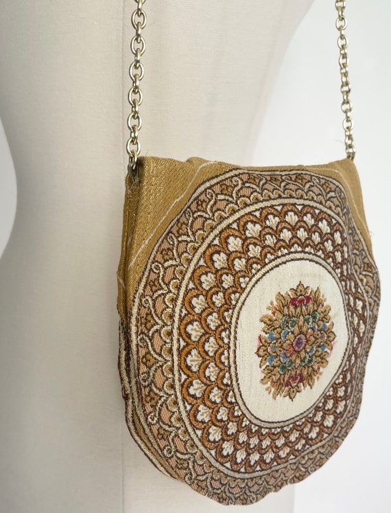 Italian Walborg Tapestry Bag Purse Made in Italy Round Needlepoint Style Floral Medallion Rounded Flap Silk Lining Gold Chain Strap