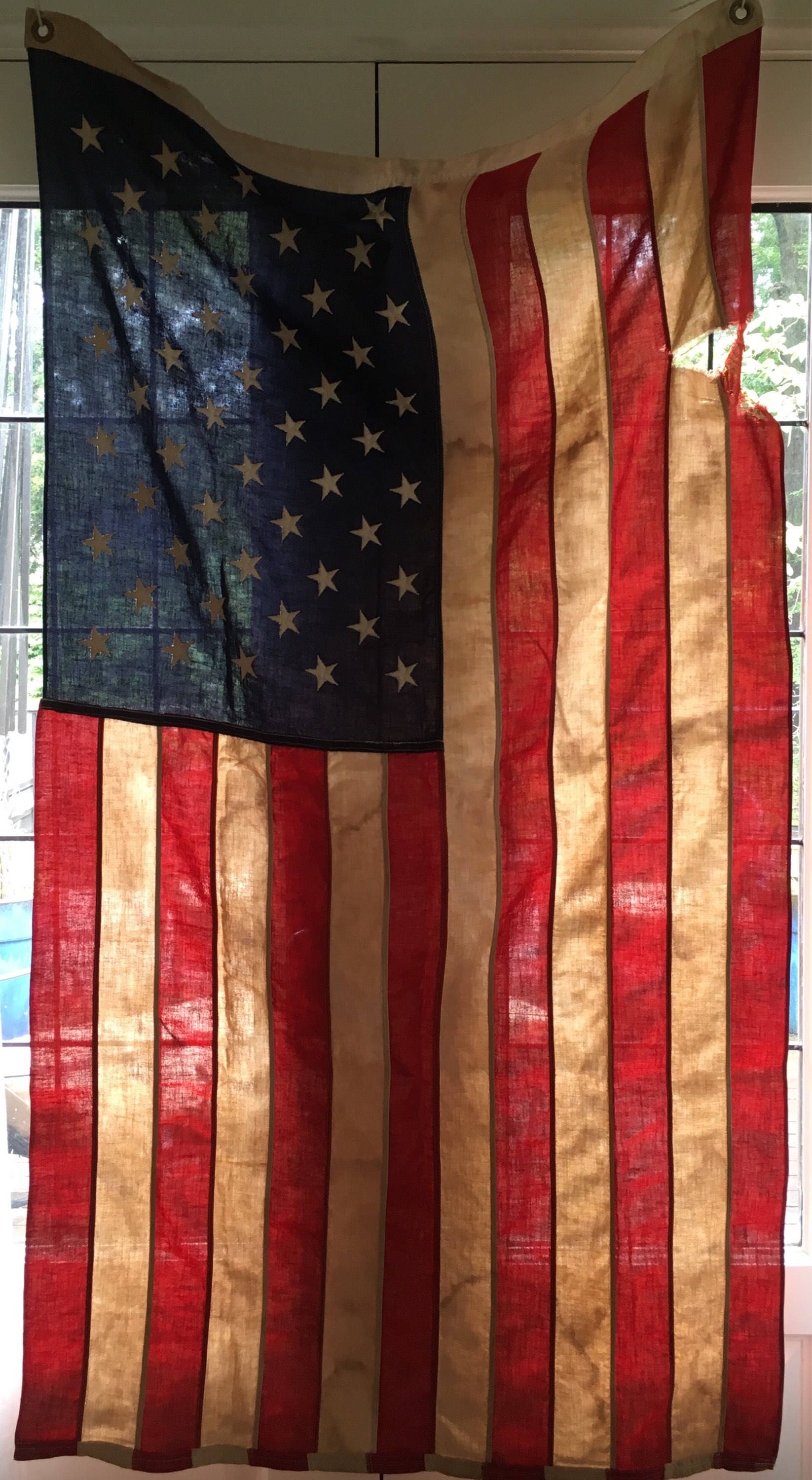 Rustic Distressed Cotton American Flag with Embroidered Stars