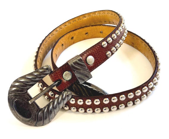 Vintage Studded Western Belt Al Beres Handmade Reptile Embossed Dark Brown Leather Strap Sterling Silver Overlay Buckle Cowboy
