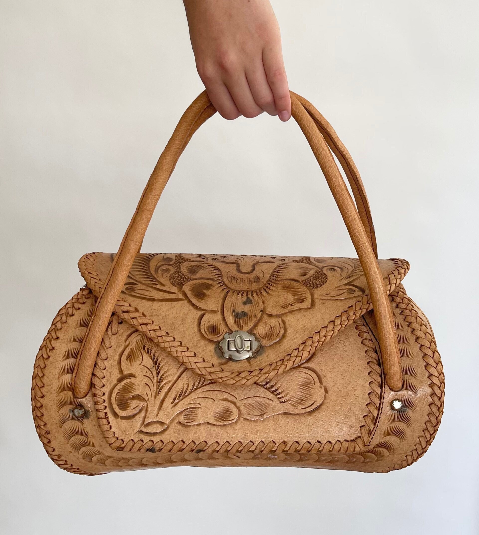 Vintage 70s Floral Leather Hand Tooled bag