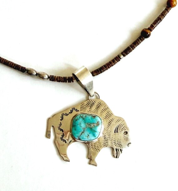 Navajo Sterling Silver Turquoise Buffalo Pendant Necklace Signed Native American Jewelry