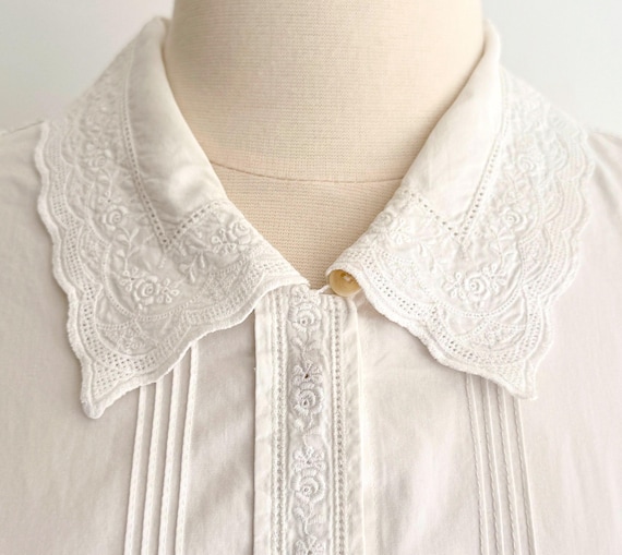 80s Ralph Lauren Shirt Vintage RL Country Made in USA White Cotton Embroidered Collar Pintucked Details Prairie Western Long Sleeve Shirt