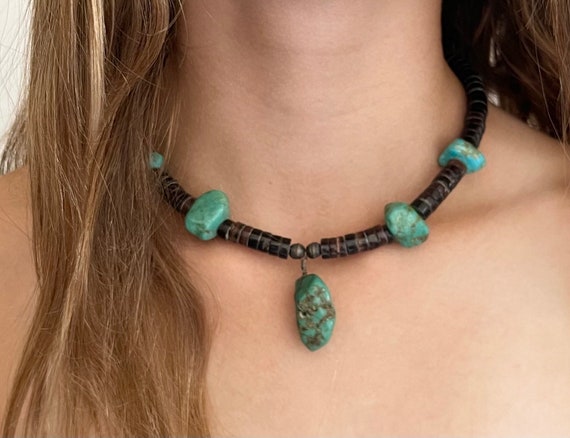 Turquoise Nugget Choker Necklace Vintage Antique Native American Santo Domingo Heishi Style Rustic Natural Nugget Chip Stone