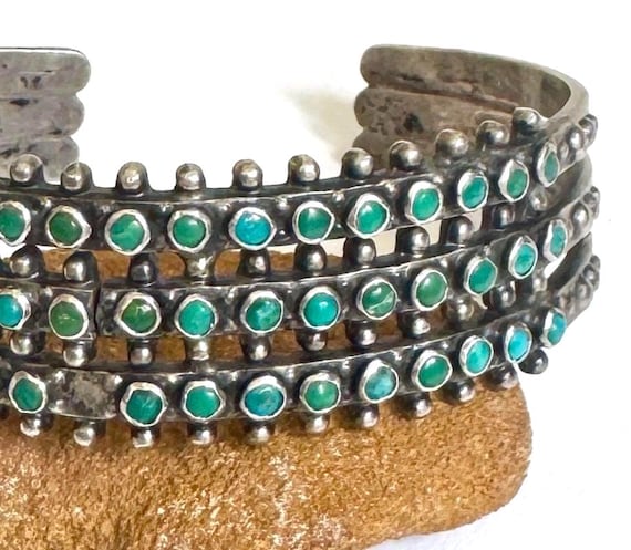 Snake Eye Turquoise Cuff Bracelet Maisel's Three Row Vintage Antique Zuni Fred Harvey Era Trading Post Multi Row
