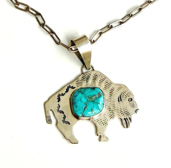 Navajo Sterling Silver Turquoise Buffalo Pendant Necklace Signed Native American Jewelry