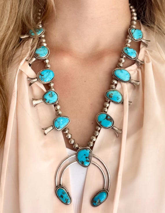 Vintage Turquoise Squash Blossom Necklace Vintage 60s 70s Native American Navajo Handmade Sterling Silver 23"
