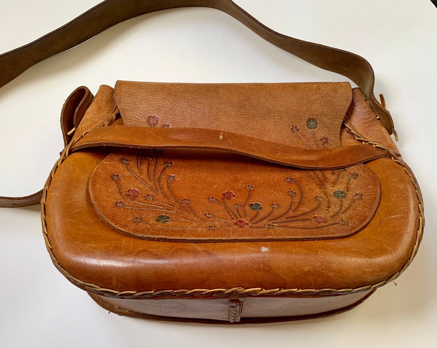 Floral Tooled Leather Purse Handbag Bag Vintage 70s Tan Brown Handmade
