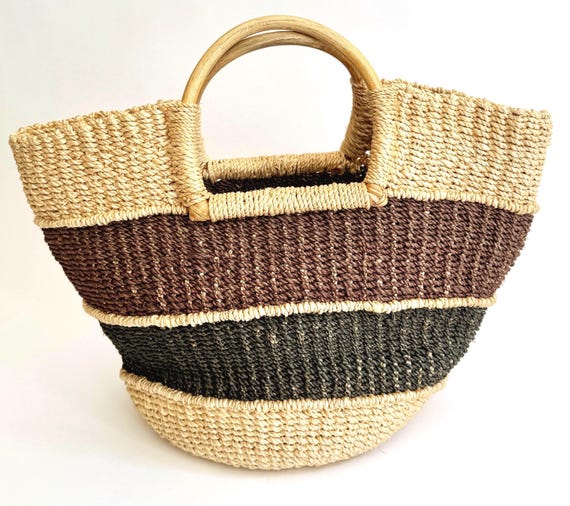 Vintage Straw Bag Woven Abaca with Blonde Wood Handles