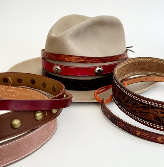 Western Leather Hat Band Handmade Cowboy Hat Band Repurposed from Vintage Leather Belts Plain Tooled Studded Floral Brown Tan Red