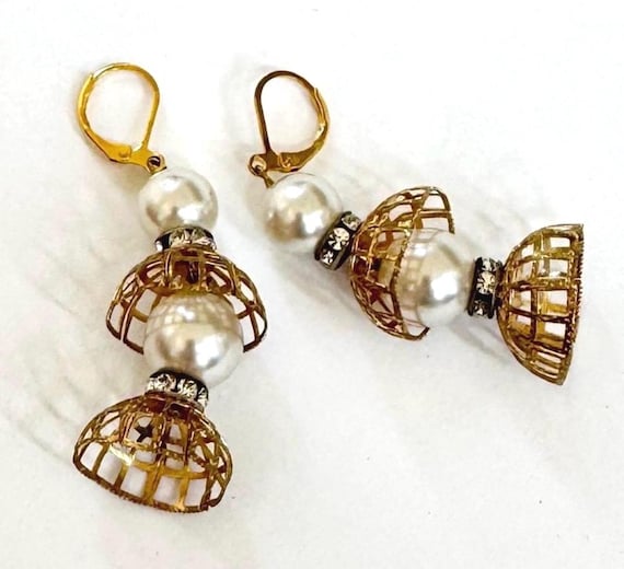 Vintage Gold Cage Earrings 2.25" Dangle Drop Style Faux Pearl Beads Clear Diamanté Crystal Costume Jewelry