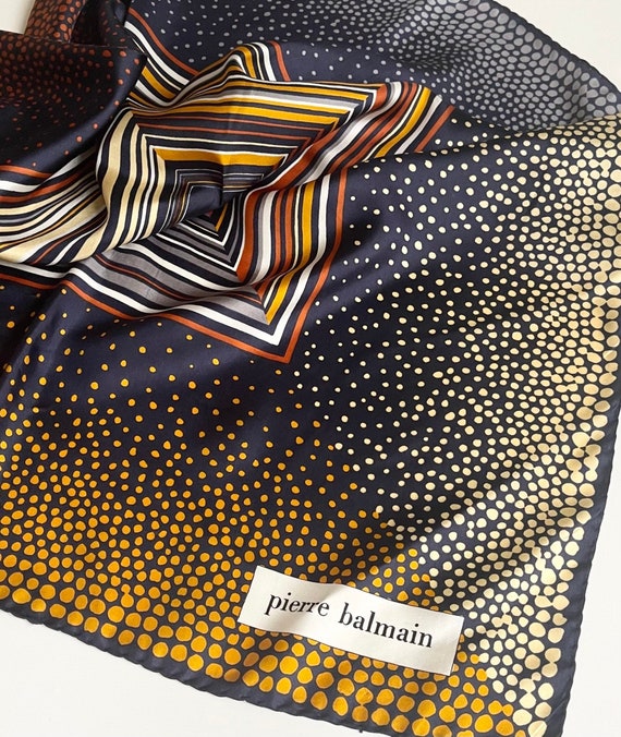 Pierre Balmain Silk Scarf Carre Rolled Edges Midnight Blue Marigold Rust Gray White Geometric Ombre Dot Print French Paris Designer