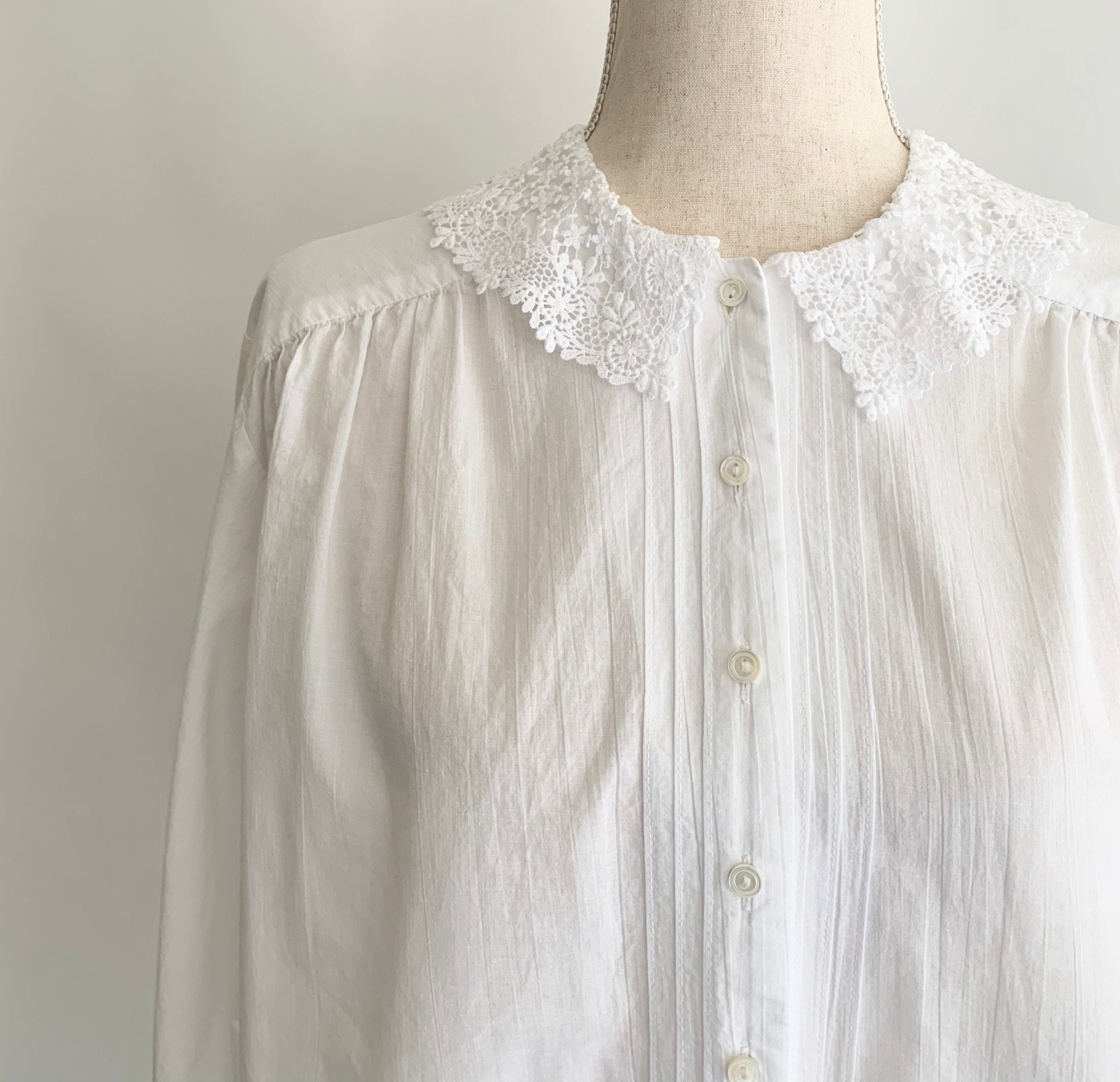Laura Ashley Cotton Blouse Vintage 80s Scallop Crochet Collar Made in ...