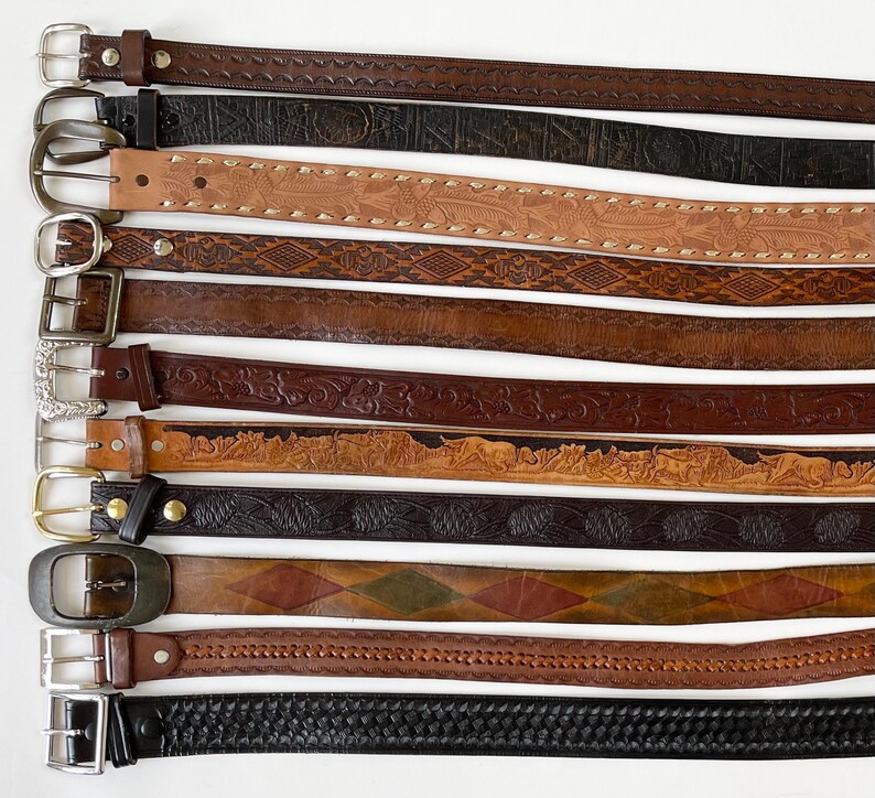 Vintage Tooled Leather Belt Distressed Worn Rugged Aged Leather Goods Brown Belt Strap Buckle Western Mens Women's Belts image 3
