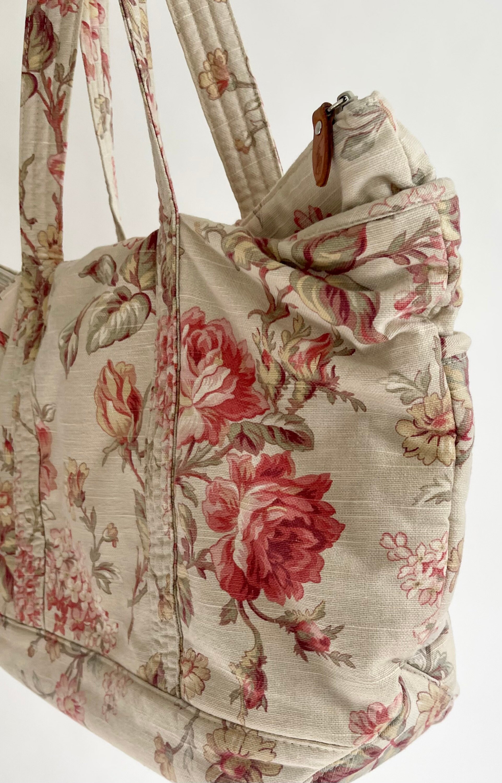 Ralph Lauren Floral Tote Bag Natural White Cotton Pink Green
