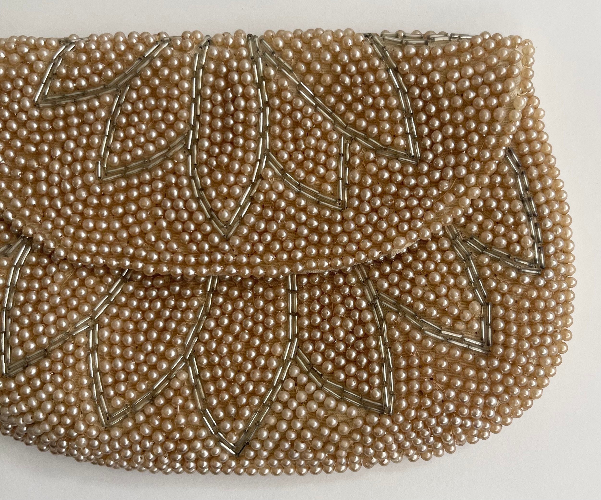 Pearl Floral Beaded Clutch Purse Vintage 50s 60s Made in Japan Silver