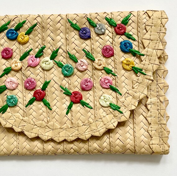 Embroidered Straw Clutch Bag Envelope Clutch Boho… - image 2