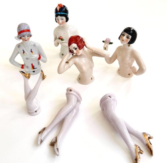 Antique Porcelain Half Doll Legs 20s 30s Pincushion Powder Box Vanity Brush Handle Topper Flapper Girl Art Deco Female Woman Nude Figure