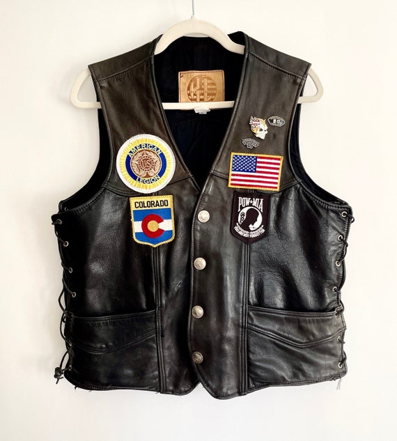 Vintage Leather Biker Vest Y2K Kerr Leathers Made in USA Black Leather Mens Motorcycle Vest Sturgis Pins Patches