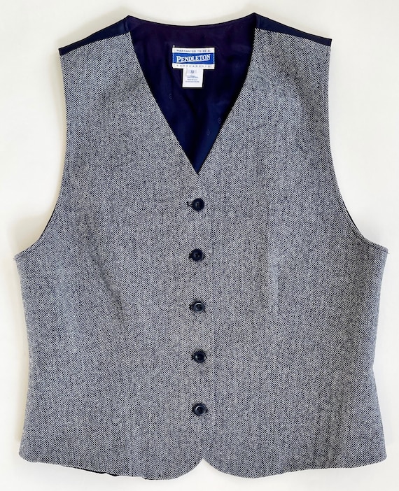 Pendleton Herringbone Wool Vest Waistcoat Made in USA Vintage Natural White Navy Blue S Menswear Sleeveless