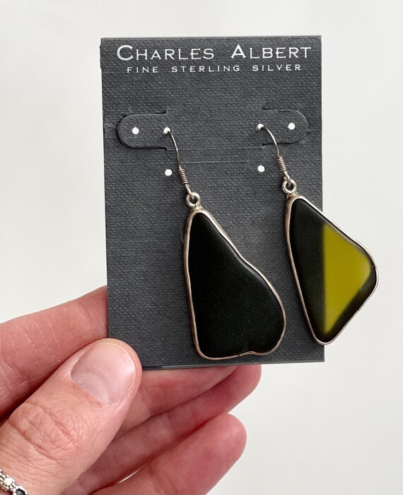 Modernist Sterling Silver Earrings Vintage Charles Albert Free Form Tumbled Glass Minimalist 2" Dangle Drop Style