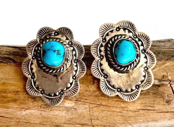 Navajo Turquoise Concho Earrings Studs Stud Earrings Vintage Native American Hand Stamped Sterling Silver Oval Shape