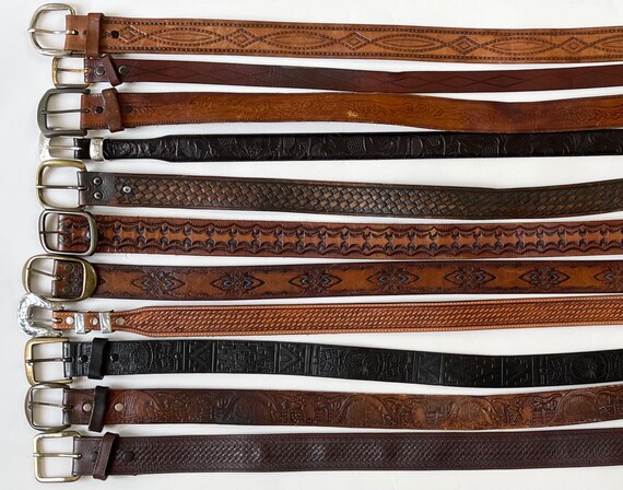Vintage Tooled Leather Belt Distressed Leather Goods Brown Belt Strap Buckle Western Mens Women's Belts