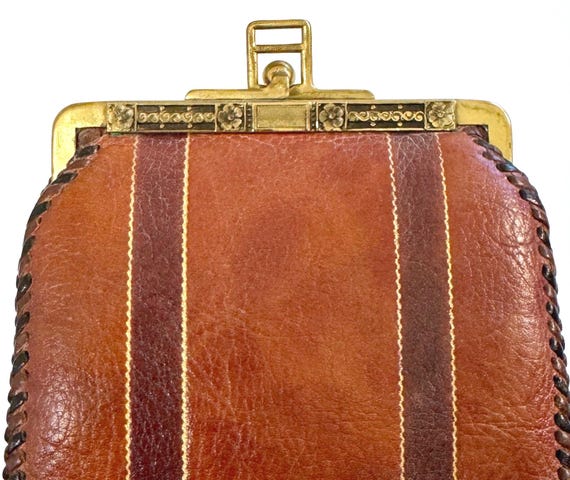 Antique Jemco Leather Bag Coin Purse Pouch Art Nouveau Floral Brass Frame