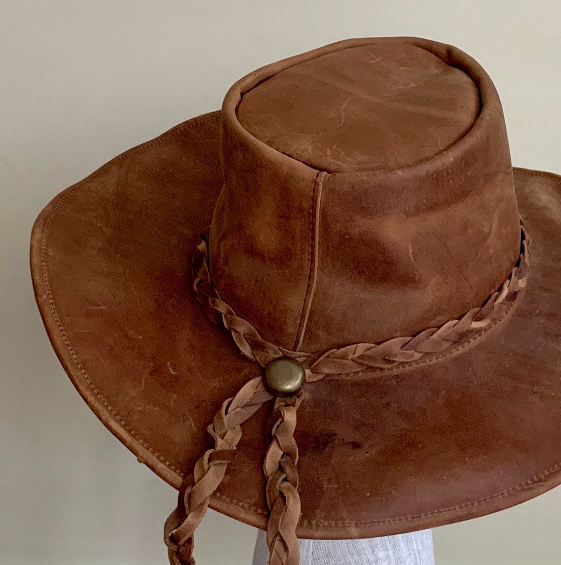 Brown Leather Cowboy Hat Vintage Western Braided Hat Band Distressed