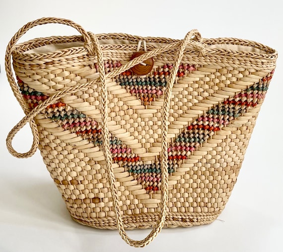 70s Straw Bag Market Bag Vintage Beige Pastel Weave Wood Button Closure Cotton Lined Beach Bag