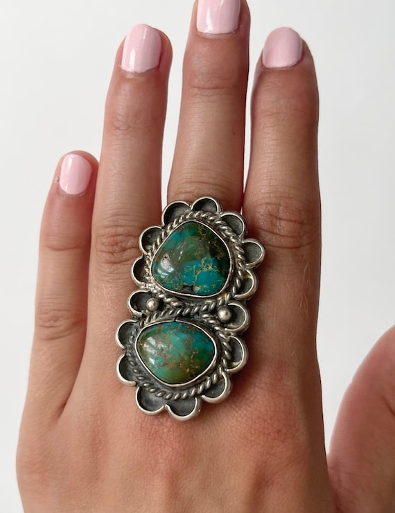 Big Navajo Turquoise Ring Old Pawn Native Aermican Double Two Stones Multi Stone Style Vintage Sterling Silver Oversized Size 9