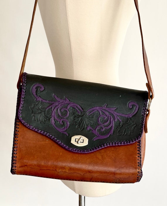 Floral Tooled Leather Bag Purse Vintage 60s 70s Handmade Hand Tooled Shoulder Bag Brown Leather Painted Purple on Black