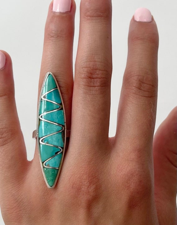 Stunning Long Zuni Turquoise Ring Vintage Native American Sterling Silver Flush Inlay Elongated 2" Face Knuckle Ring Statement Ring Size 5