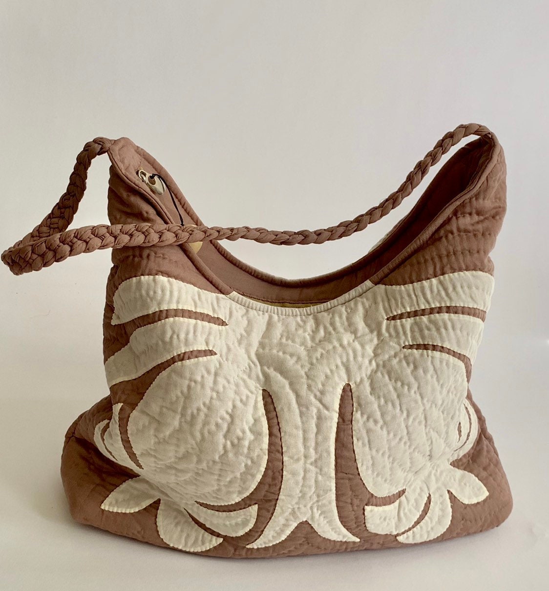 Hawaiian Quilt Purse Tote Bag Vintage Handmade Quilted Mauve and