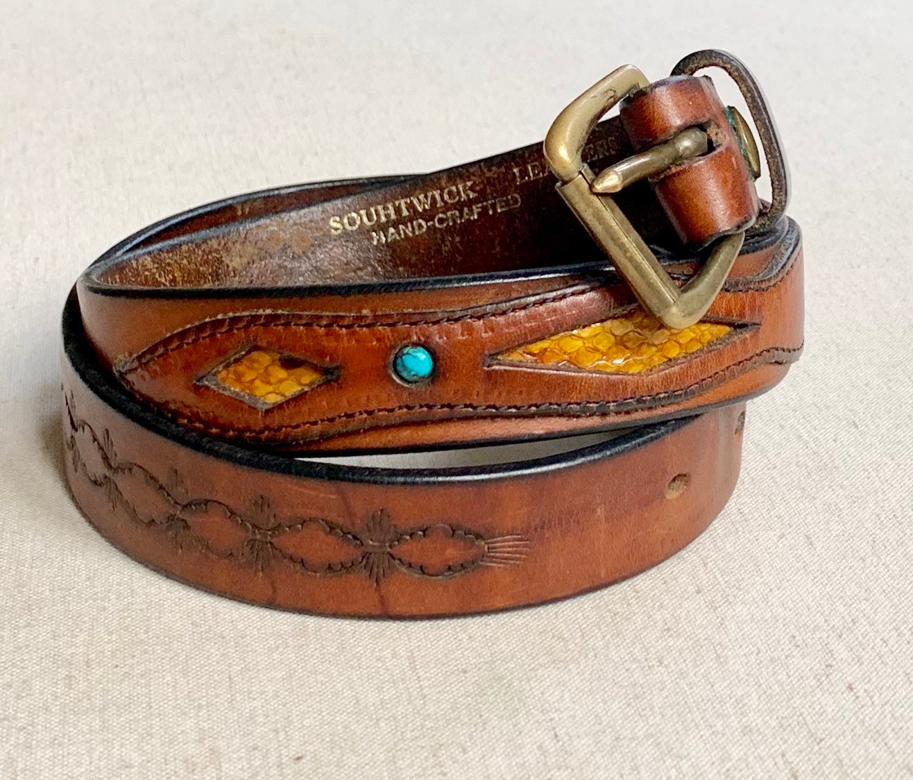 Vintage leather belt with Turquoise and Chrystals Vintage Navajo leather belt with turquoise stones main image 2