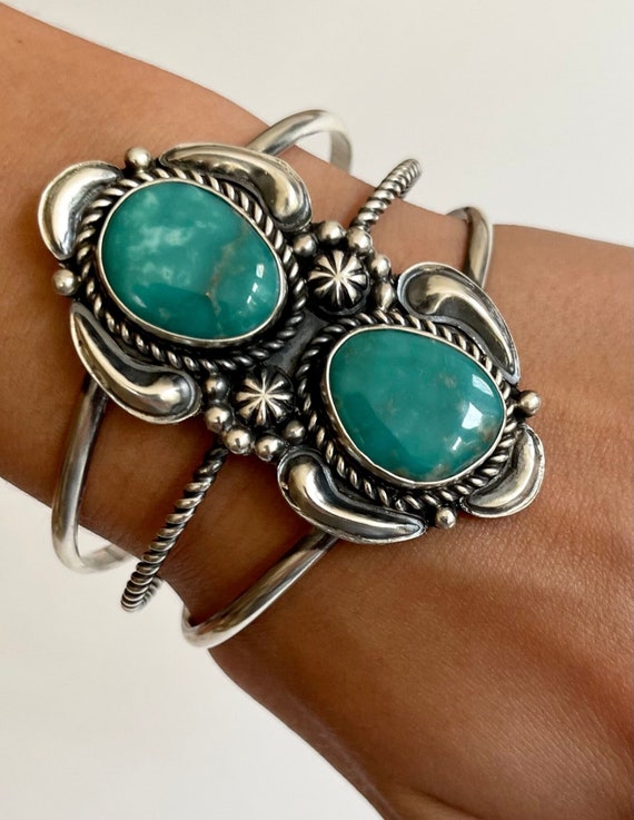 Wide Navajo Turquoise Cuff Bracelet by Jeff James Jr Signed JJJ Vintage Native American Sterling Silver Triple Shank Band