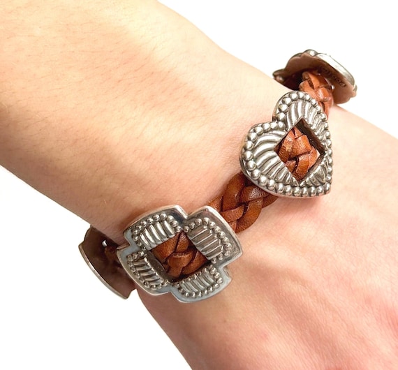 Vintage 1994 Brighton Western Concho Bracelet Braided Brown Leather