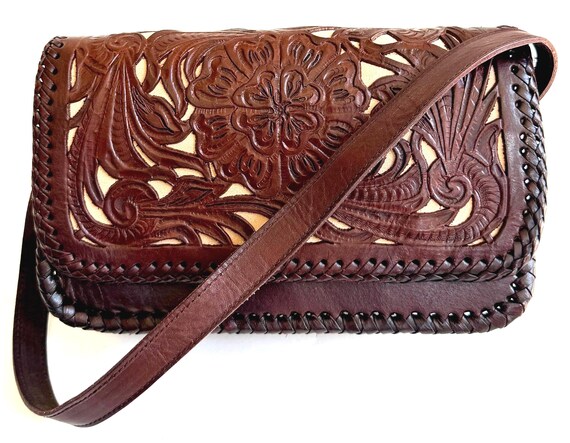 Vintage Floral Tooled Leather Bag Handmade in Mexico by Alcala