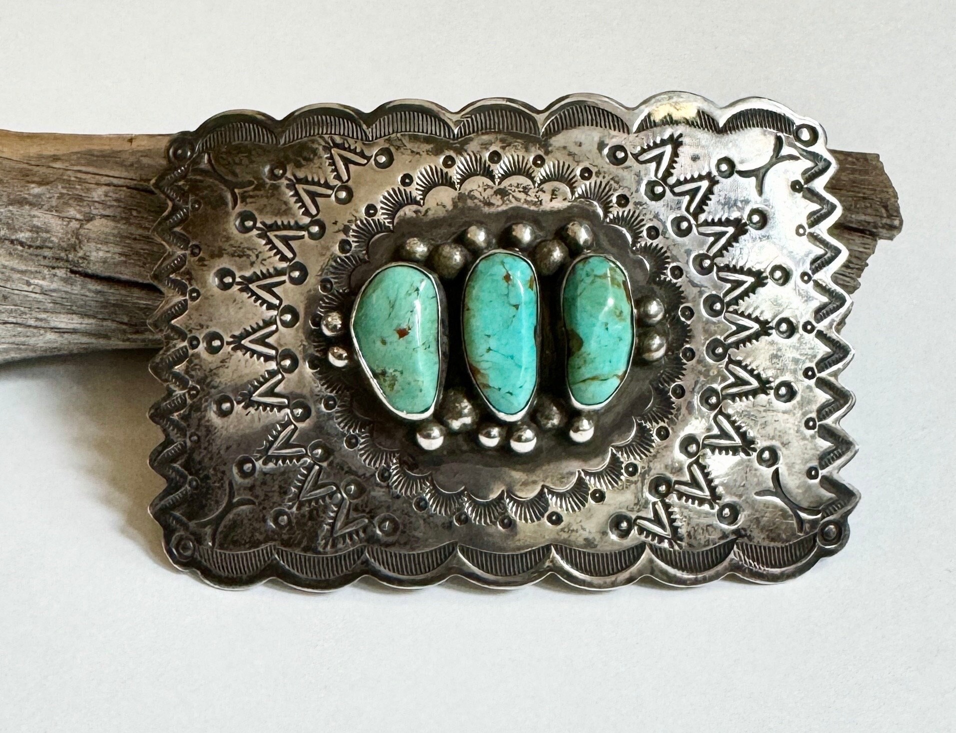 Native American Detailed Signed Vintage Navajo Turquoise Sterling Silver Buckle Native American Detailed Signed Vintage Navajo Turquoise Sterling Silver Buckle