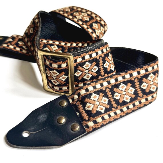 60s 70s Guitar Strap with Metal Adjuster Brown Black White Windowpane Stained Glass Weave Woven Jimi Hendrix Ace Style