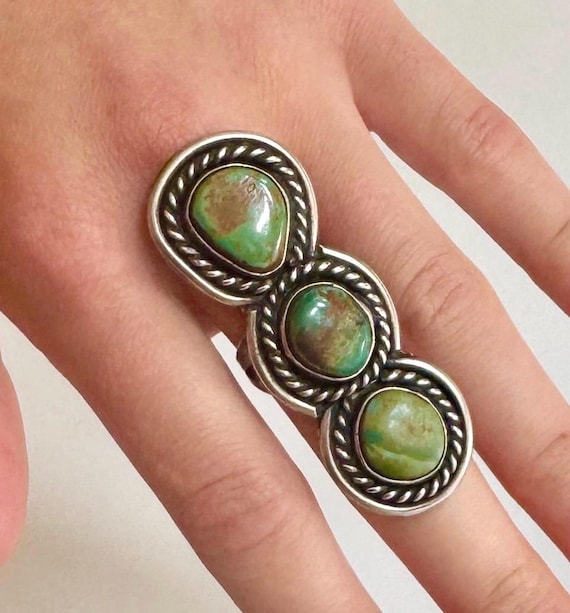 Oversized Navajo Turquoise Ring Long 2.25" Face Multi Three Stone Vintage 70s Native American Sterling Silver Knuckle Ring Elongated Size 7