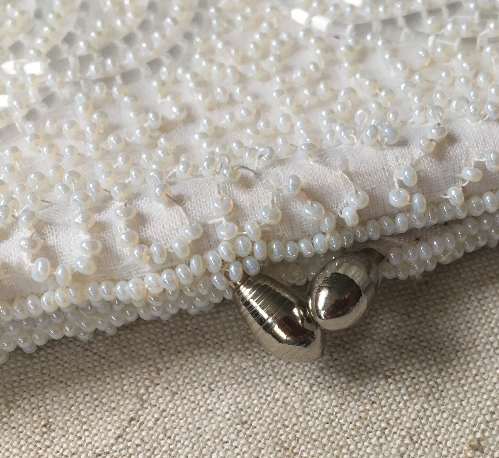 White Beaded Clutch Purse Made in Belgium by Hand Vintage 50's