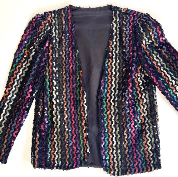 Vintage Black Sequin Jacket 80s 90s Party Evening Colorful Rainbow Stripes