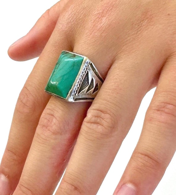 Bell Trading Turquoise Ring Signet Ring Mid Century Southwest Sterling Silver Bell Trading Post Native American Navajo Size 8.5