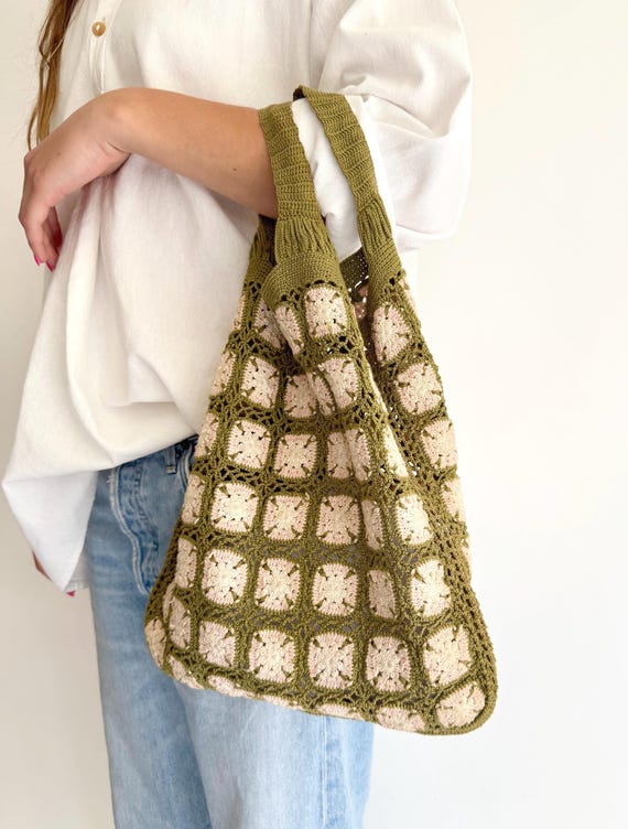 Hand Crochet Bag Purse Vintage 60s 70s Boho Folk Top Handle Tote Moss Green Blue Pink Natural White Cotton Knit Bag