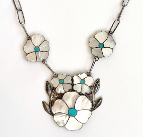 Vintage Zuni Necklace Turquoise and Mother of Pearl Inlaid Desert Rose Flower Native American Signed Wallace