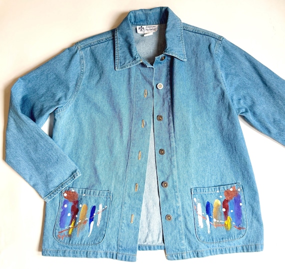 Vintage Hand Painted Denim Chore Jacket Southwest Abstract Feathers