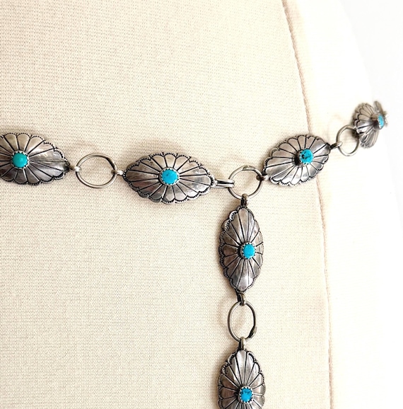 Vintage Sterling Silver Turquoise Concho Belt Native American Navajo Handcrafted