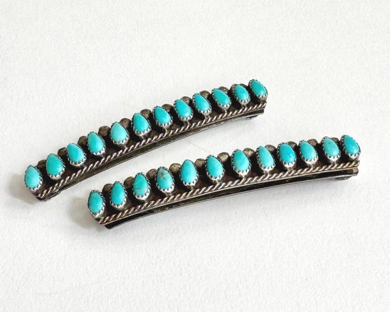 Sterling Silver Turquoise Barrette Vintage Native American Zuni Needlepoint Turquoise Set Stones Southwest Western Hair Accessory